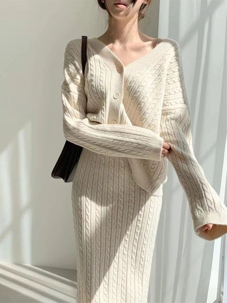 Winter V-neck Twist Cardigan Sweater + Midi Skirt Set