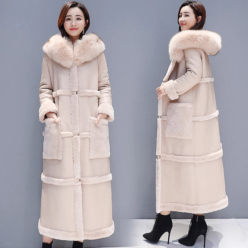 Long Faux Fur Leather Hooded Coat