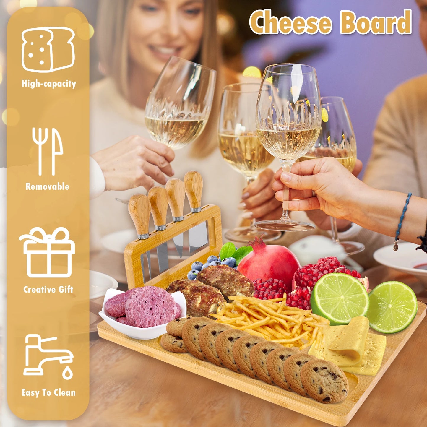 Bamboo Cheese Board + 4 Stainless Steel Cutters