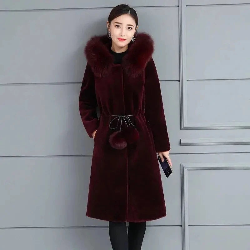 Elegant Faux Fur Hooded  Warm Coat