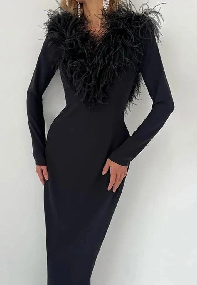 Fashion Fur Neck Bodycon Maxi Dress 