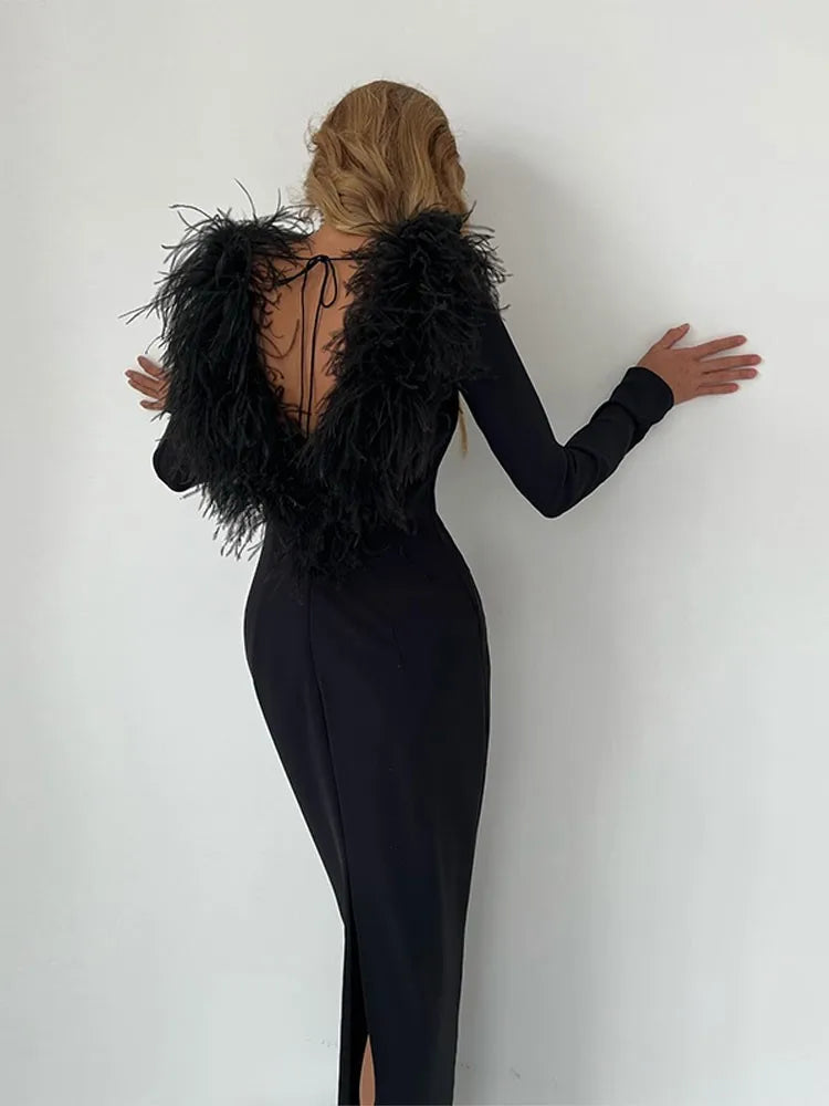 Fashion Fur Neck Bodycon Maxi Dress