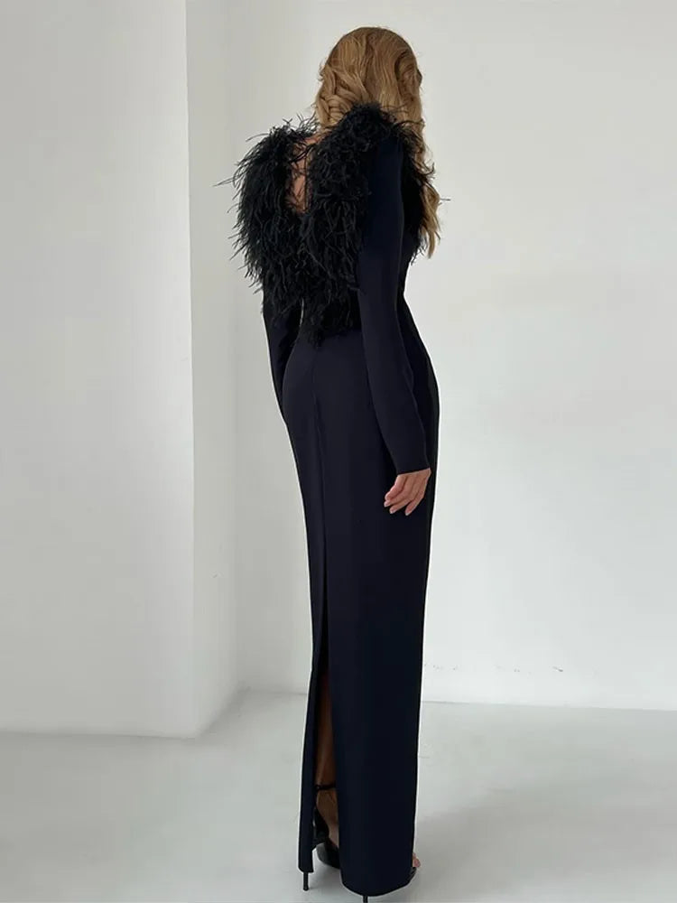 Fashion Fur Neck Bodycon Maxi Dress