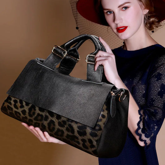 leather leopard-print handbag-western-style