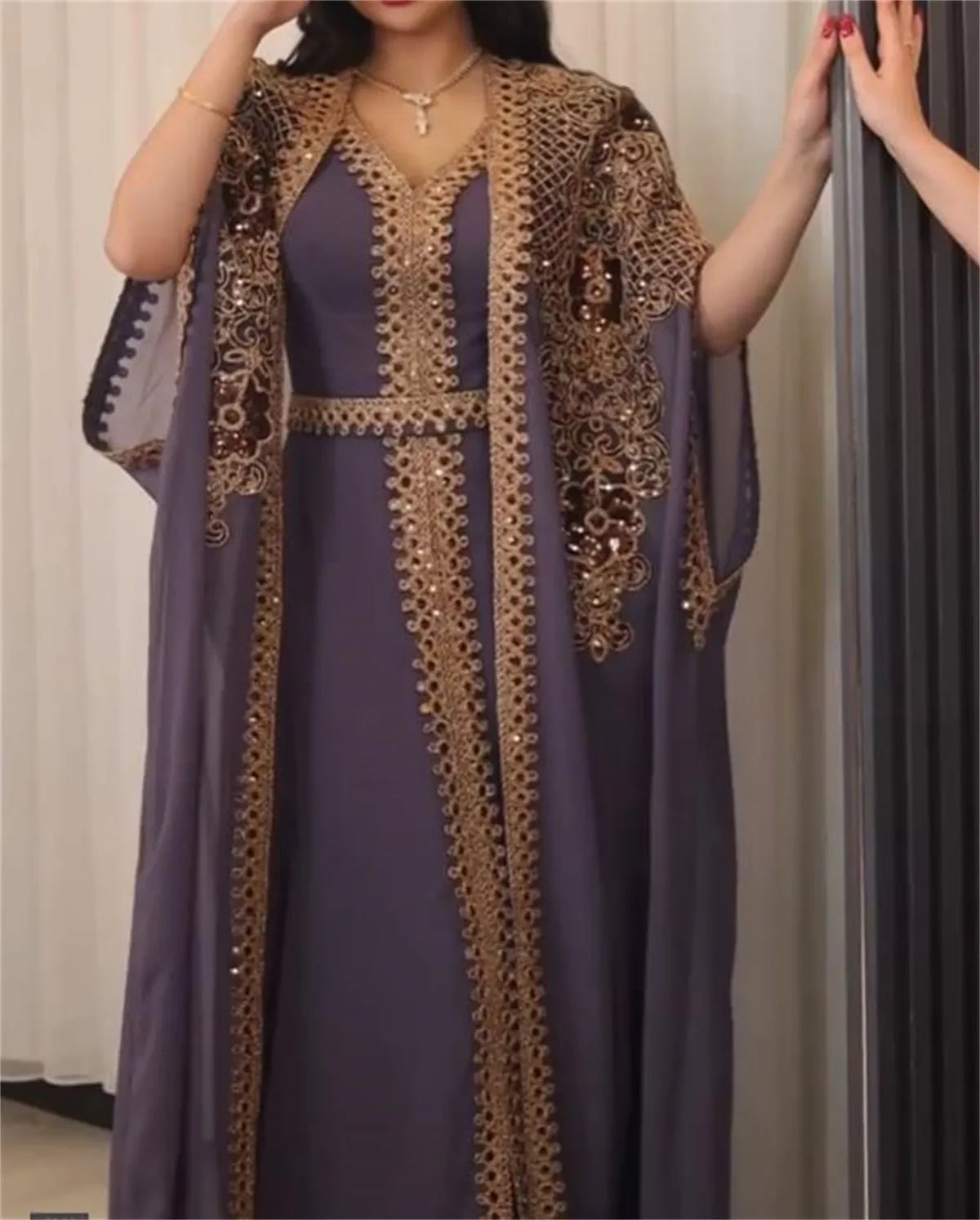 Elegant Two Piece Gold Lace Kaftan