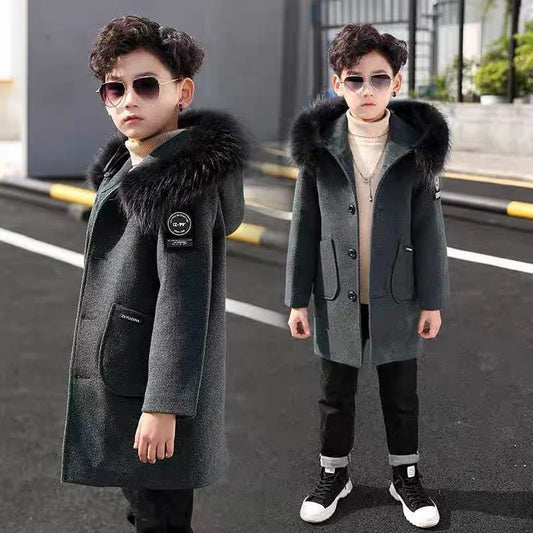 Casual Fur Hooded Woolen Coat