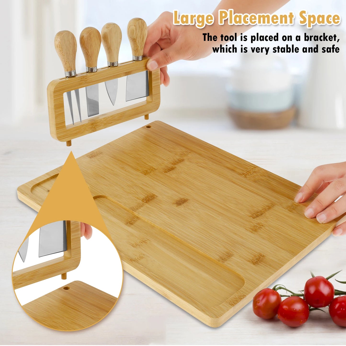 Bamboo Cheese Board + 4 Stainless Steel Cutters