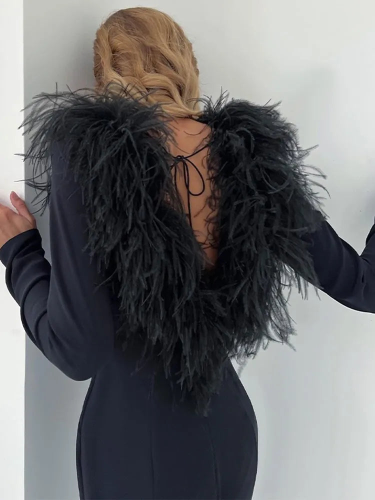 Fashion Fur Neck Bodycon Maxi Dress