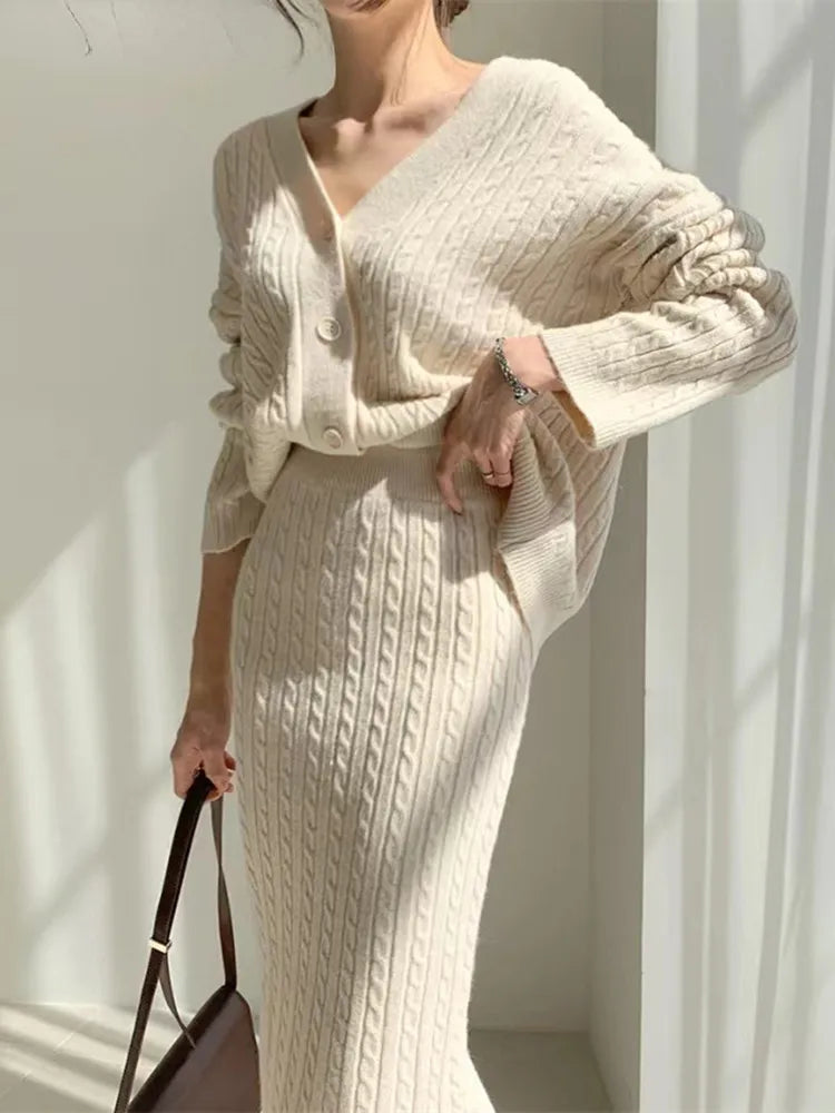 Winter V-neck Twist Cardigan Sweater + Midi Skirt Set