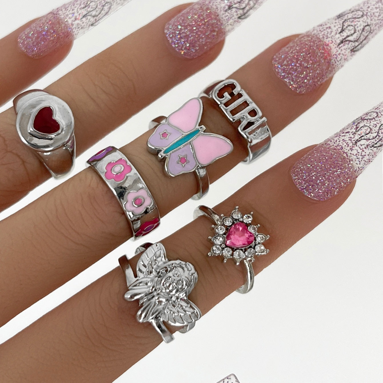 Cute Pink Butterfly Ring Set