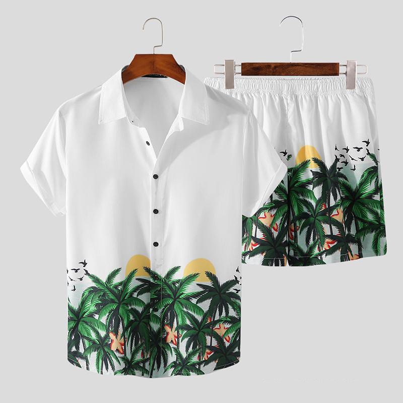 Men Sets Floral Shirt Beach Two Piece Suit