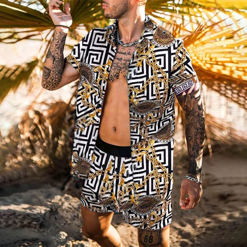 Men Sets Floral Shirt Beach Two Piece Suit