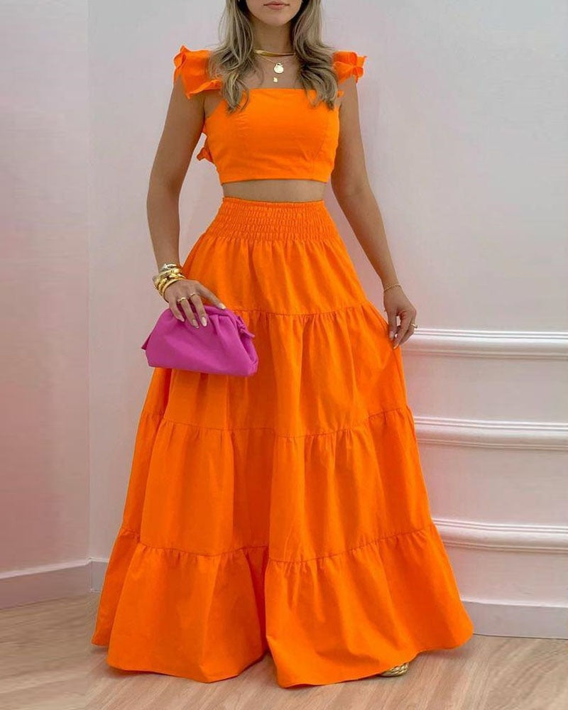 Shirred Back Crop Top &amp; Maxi Skirt Set