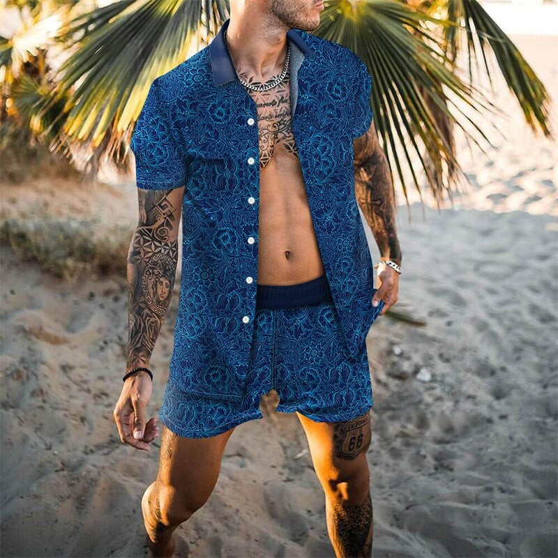 Men Sets Floral Shirt Beach Two Piece Suit