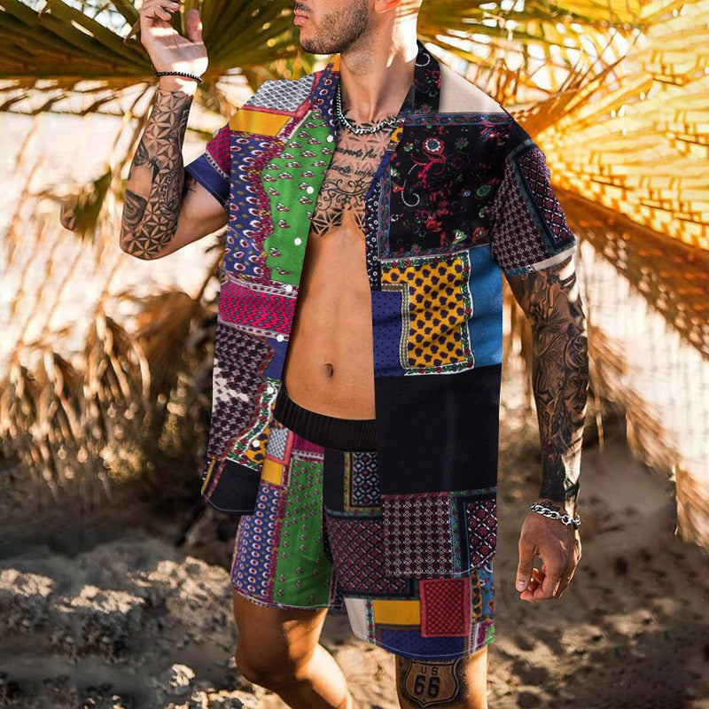 Men Sets Floral Shirt Beach Two Piece Suit