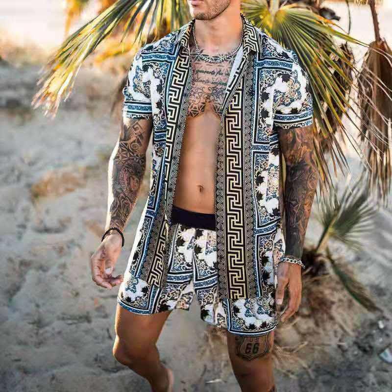 Men Sets Floral Shirt Beach Two Piece Suit