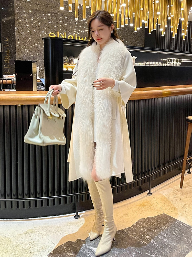 Genuine fox fur real woolen coat