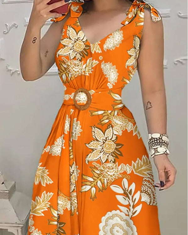 Floral Print with Belt Sleeveless Dress