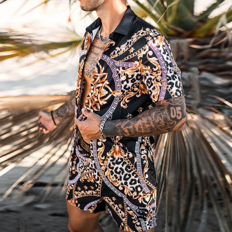 Men Sets Floral Shirt Beach Two Piece Suit