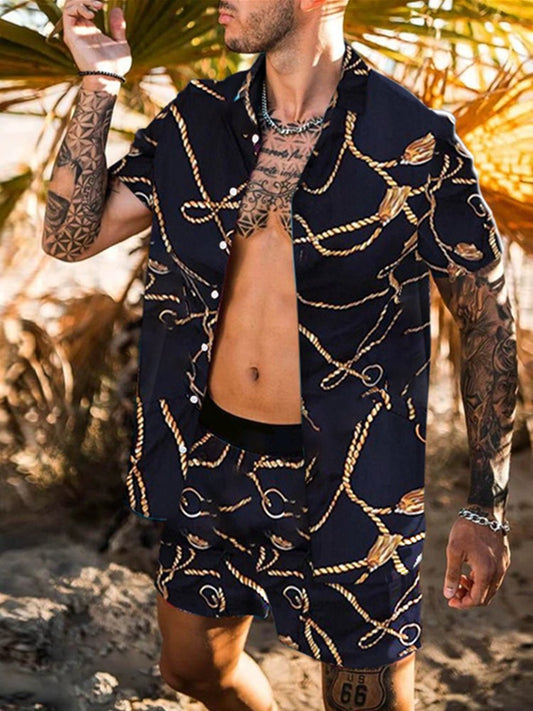 Men Sets Floral Shirt Beach Two Piece Suit