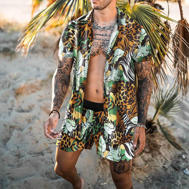 Men Sets Floral Shirt Beach Two Piece Suit