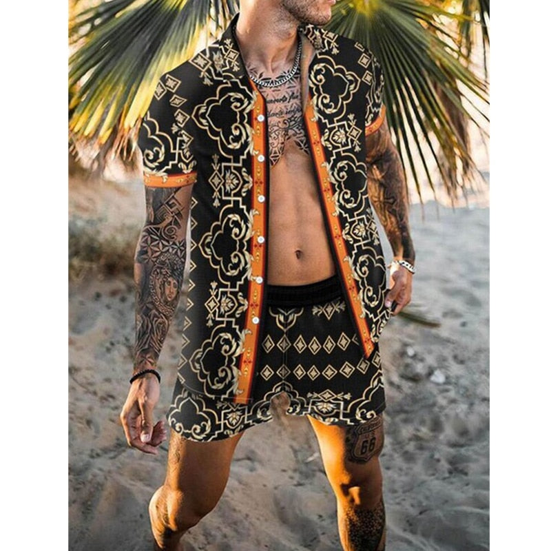 Men Sets Floral Shirt Beach Two Piece Suit