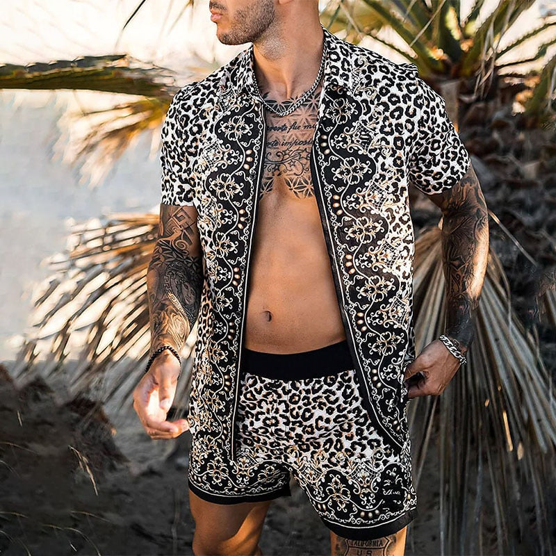 Men Sets Floral Shirt Beach Two Piece Suit