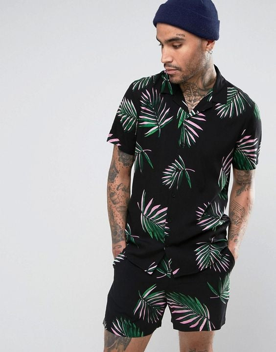 Men Sets Floral Shirt Beach Two Piece Suit