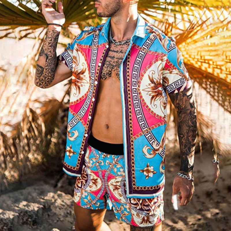 Men Sets Floral Shirt Beach Two Piece Suit