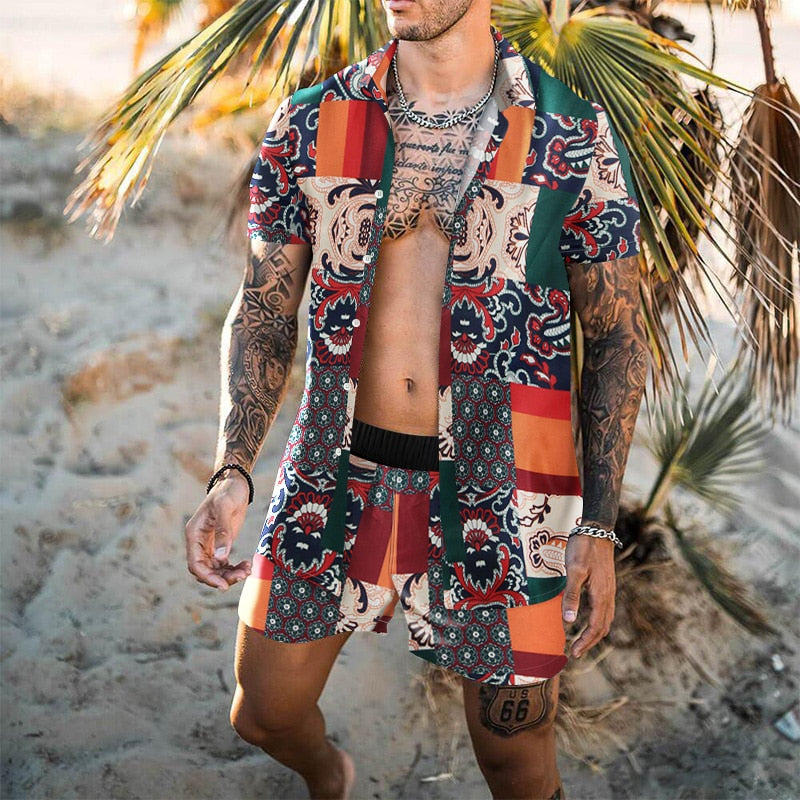 Men Sets Floral Shirt Beach Two Piece Suit