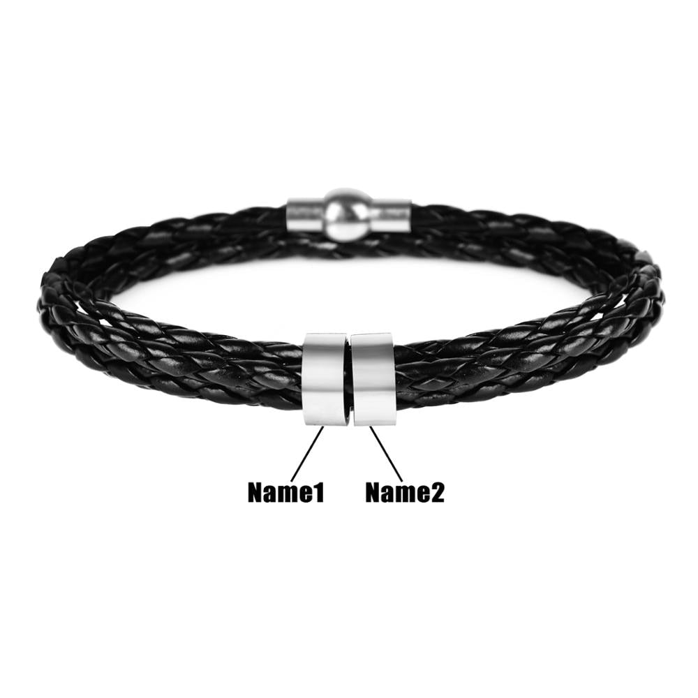 Custom Beads Name Leather Bracelet & Stainless Steel