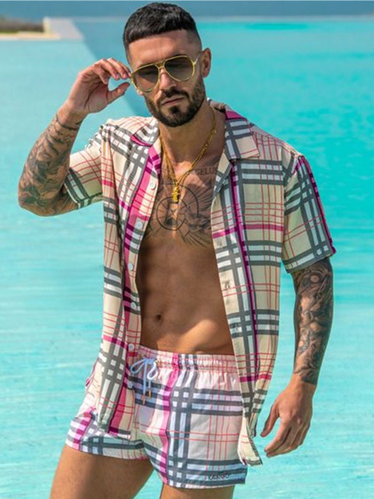 Men Sets Floral Shirt Beach Two Piece Suit