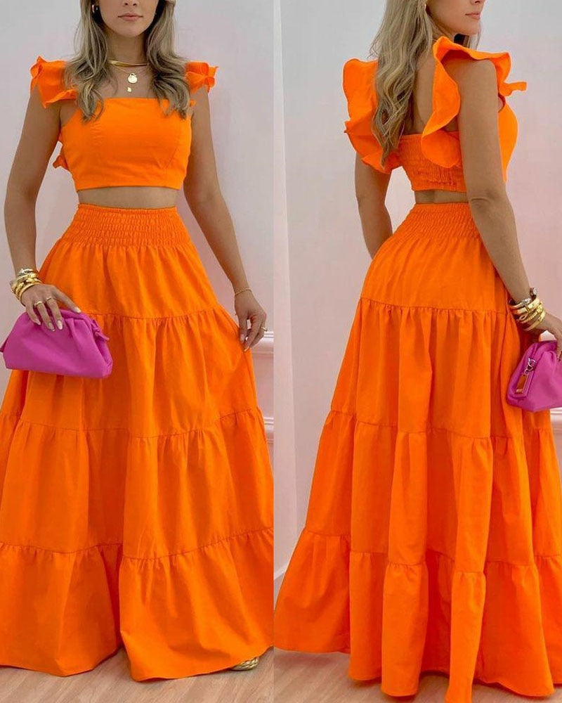 Shirred Back Crop Top &amp; Maxi Skirt Set