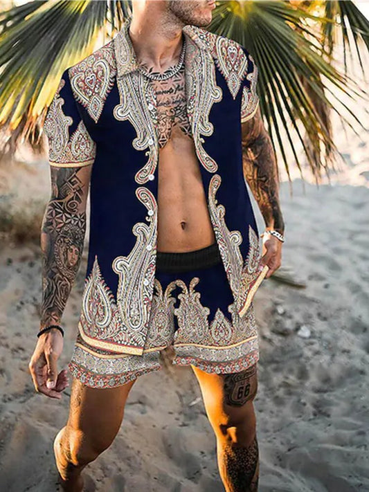 Men Sets Floral Shirt Beach Two Piece Suit