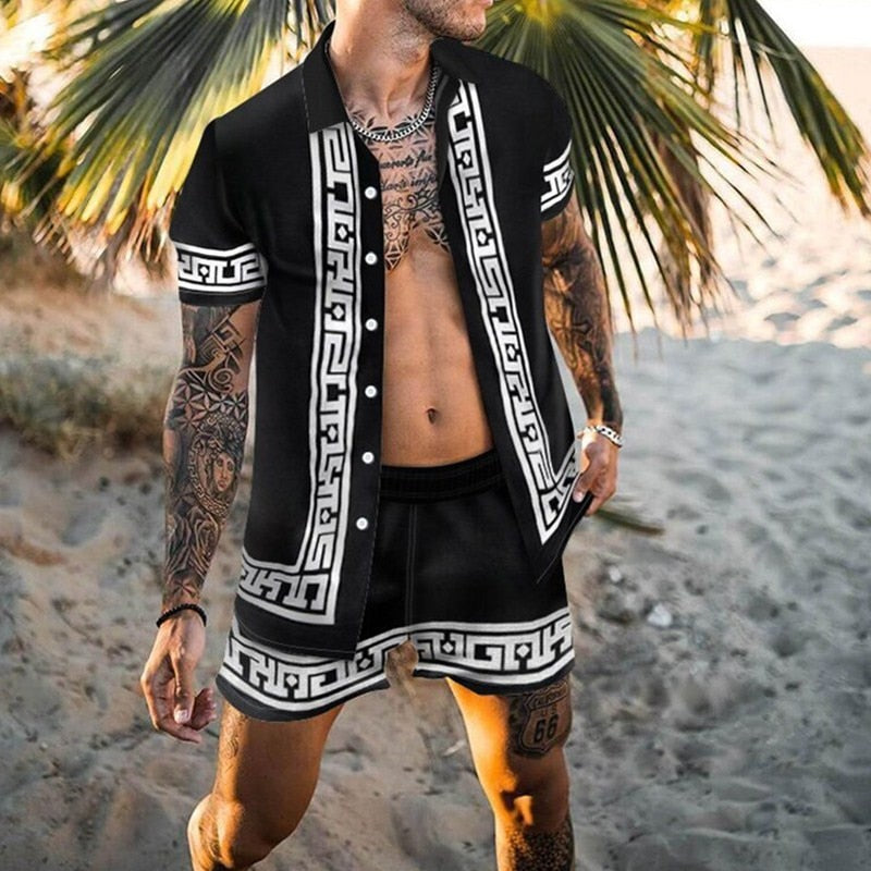 Men Sets Floral Shirt Beach Two Piece Suit