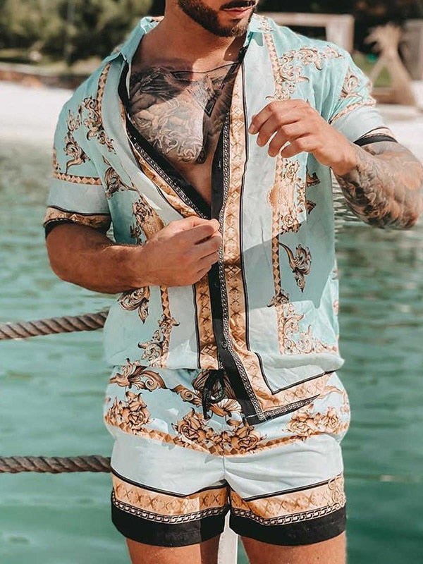 Men Sets Floral Shirt Beach Two Piece Suit