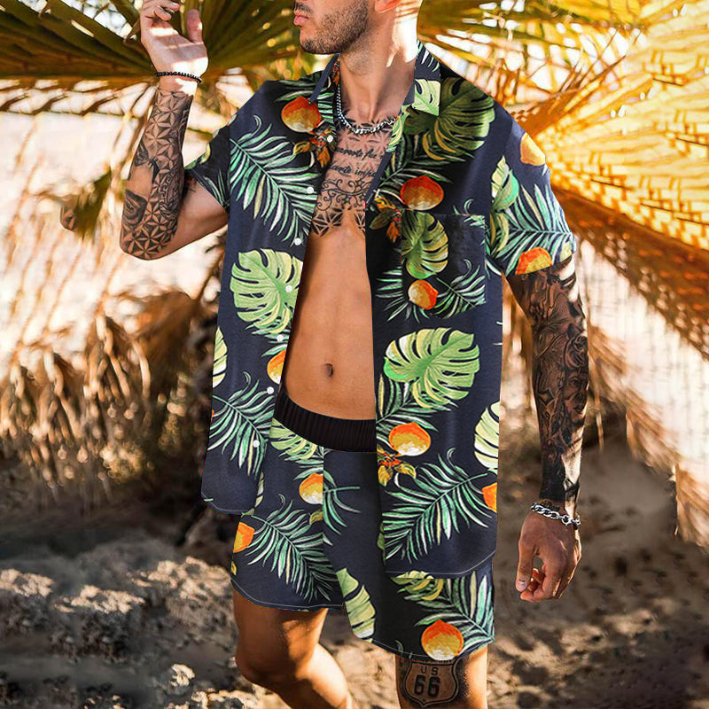 Men Sets Floral Shirt Beach Two Piece Suit