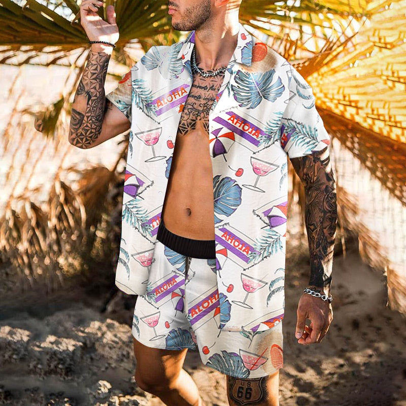 Men Sets Floral Shirt Beach Two Piece Suit