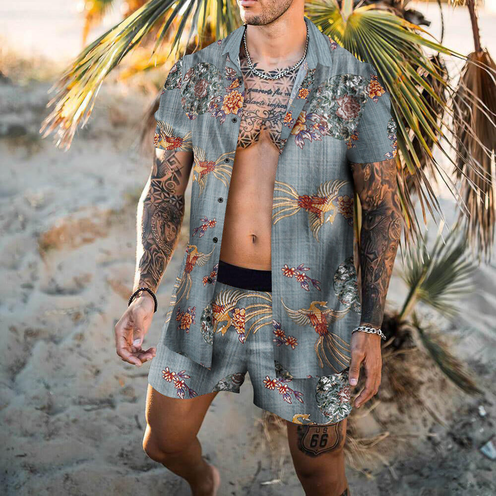 Men Sets Floral Shirt Beach Two Piece Suit