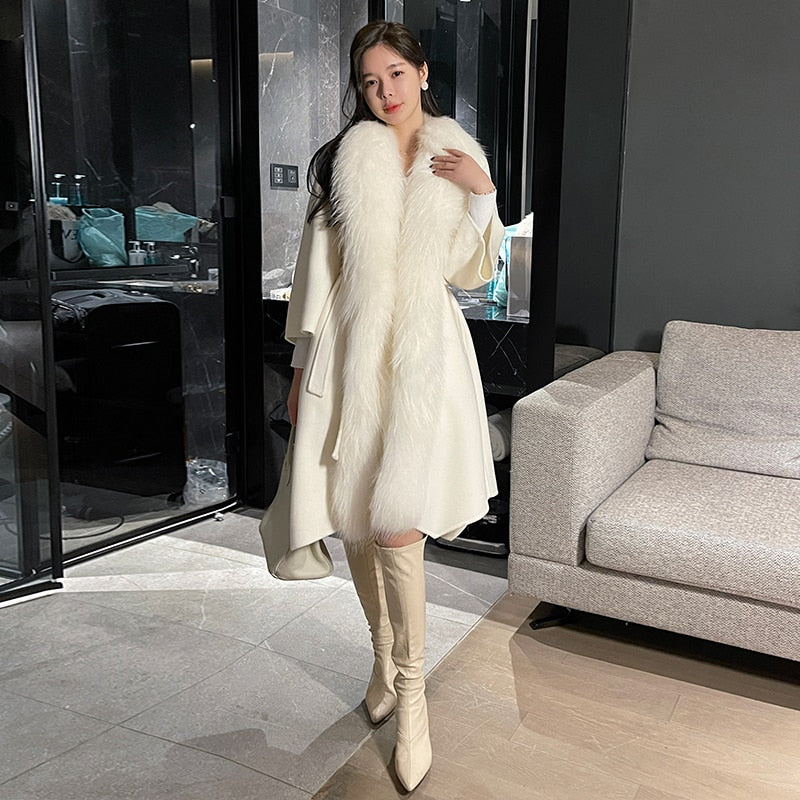 Genuine fox fur real woolen coat