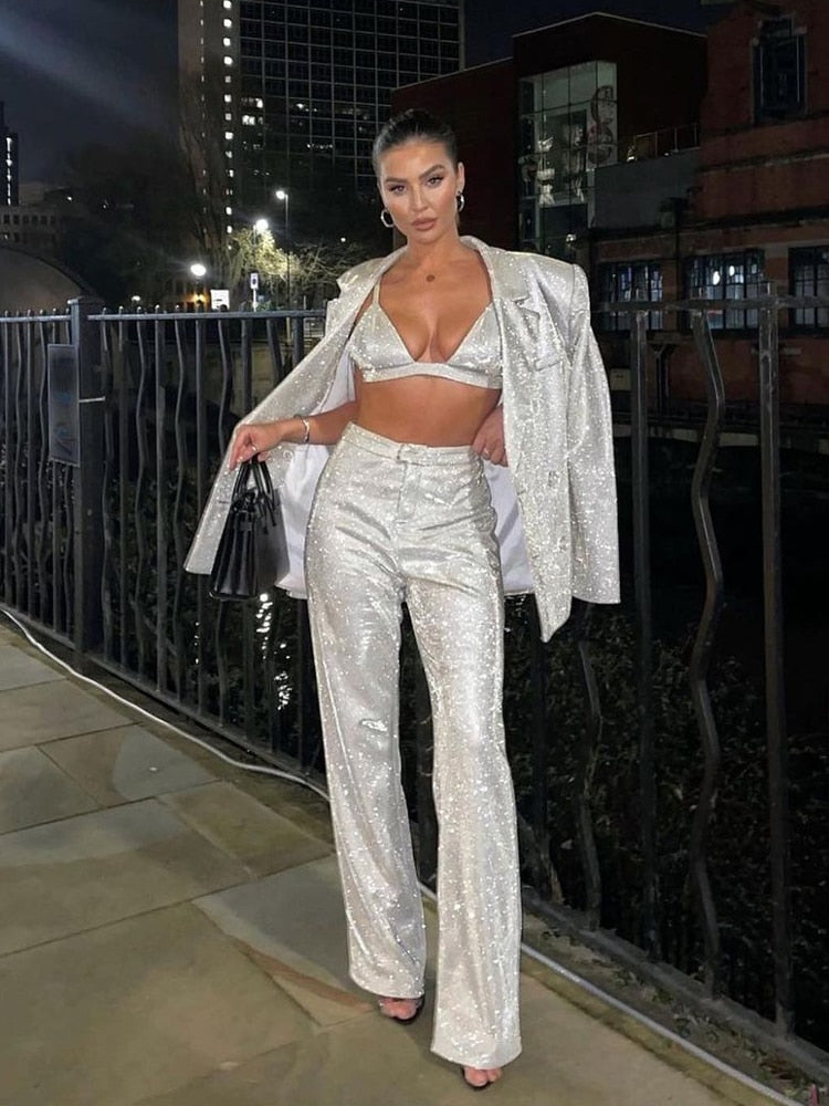 Glitter Silver Party Two Piece Pants Set Women suit