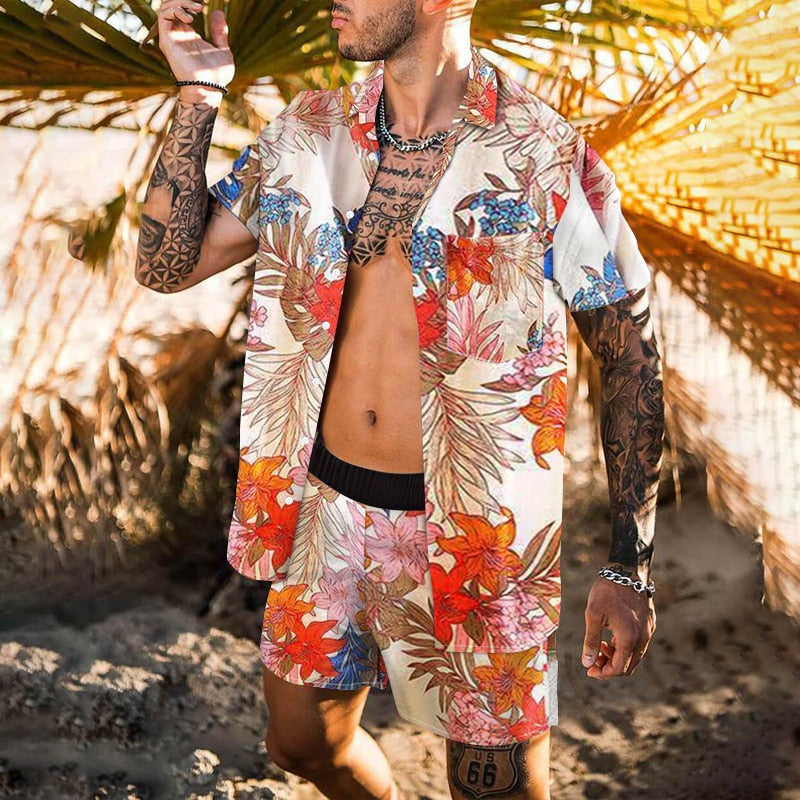 Men Sets Floral Shirt Beach Two Piece Suit