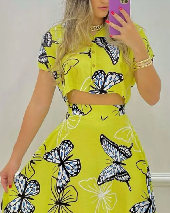 Two-piece Long Skirt, Sexy Butterfly Print Dress