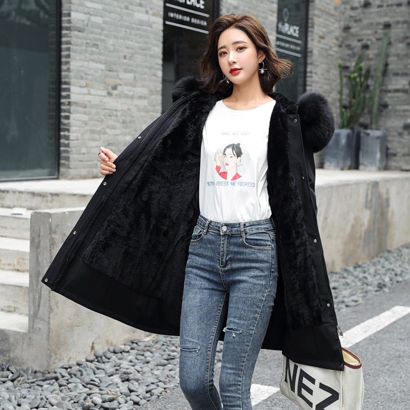 Velvet Hooded Mid-length Coat