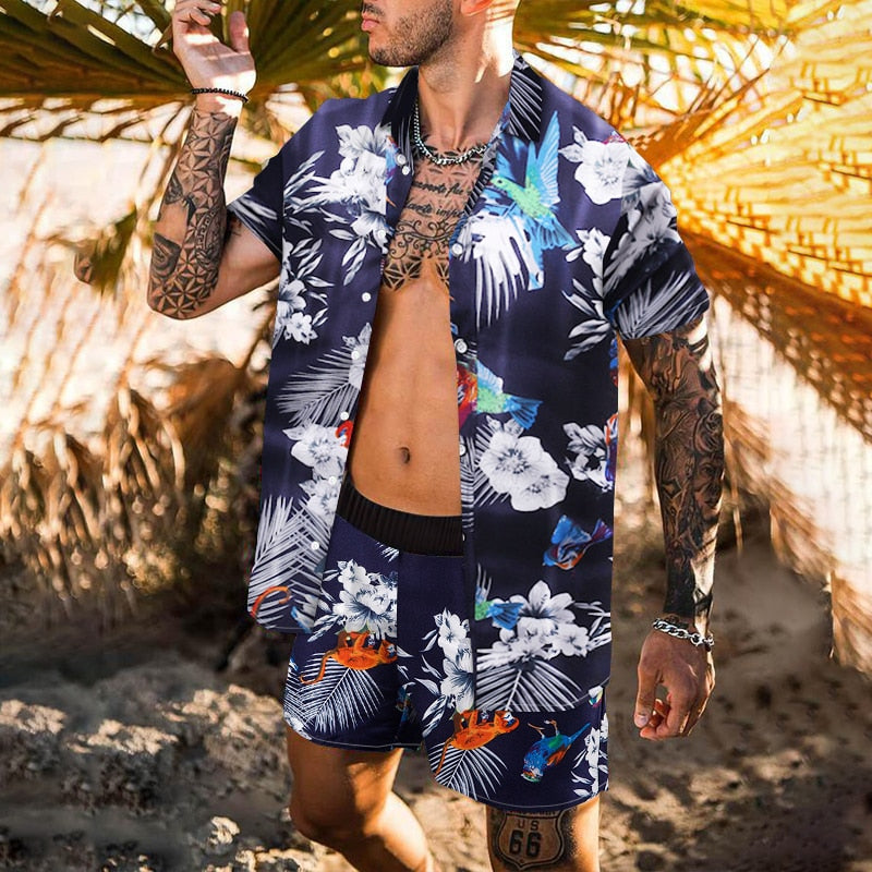 Men Sets Floral Shirt Beach Two Piece Suit