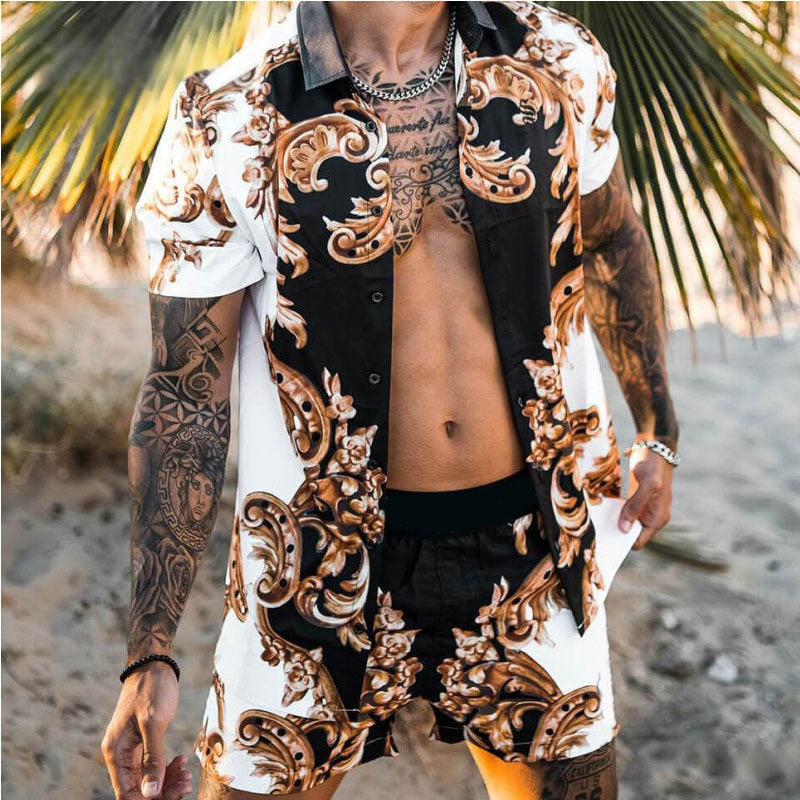 Men Sets Floral Shirt Beach Two Piece Suit