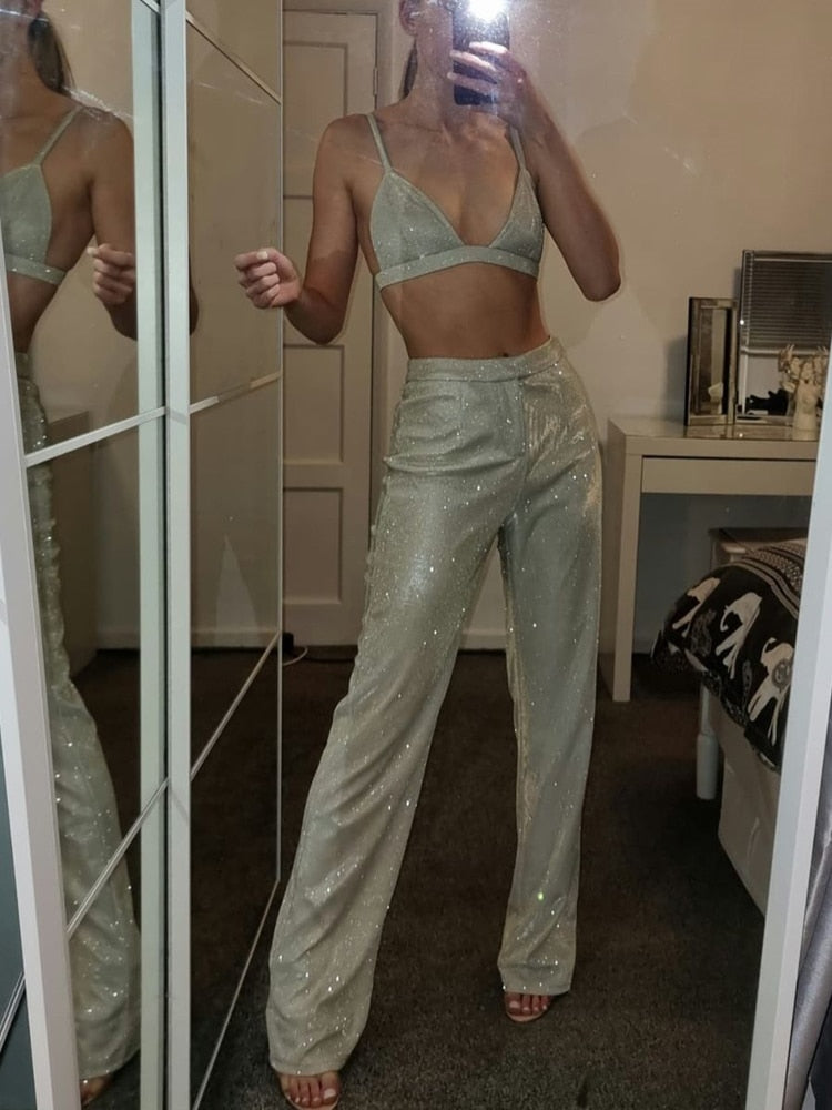 Glitter Silver Party Two Piece Pants Set Women suit