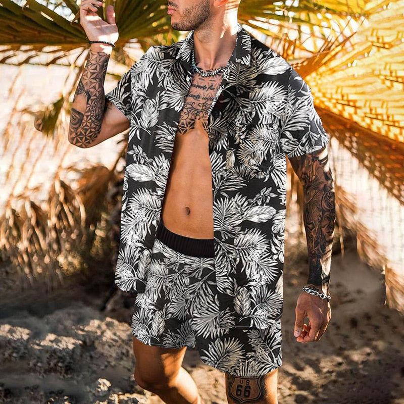 Men Sets Floral Shirt Beach Two Piece Suit