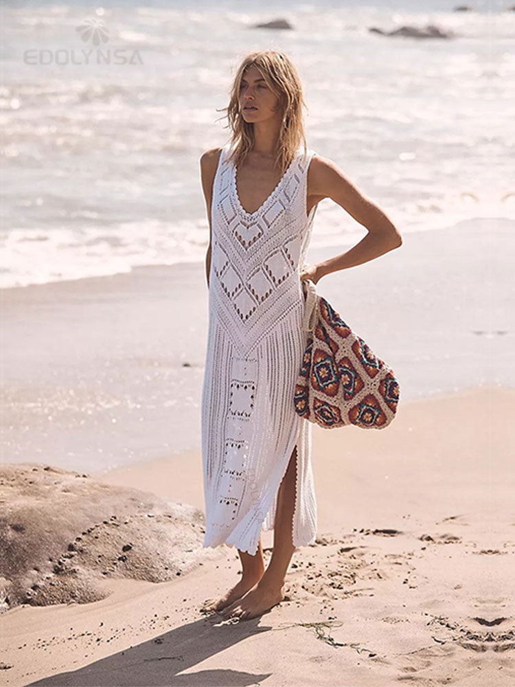 Bikini Cover-ups White Crochet Tunic Summer Beach Dress