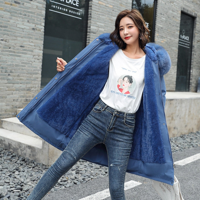 Velvet Hooded Mid-length Coat